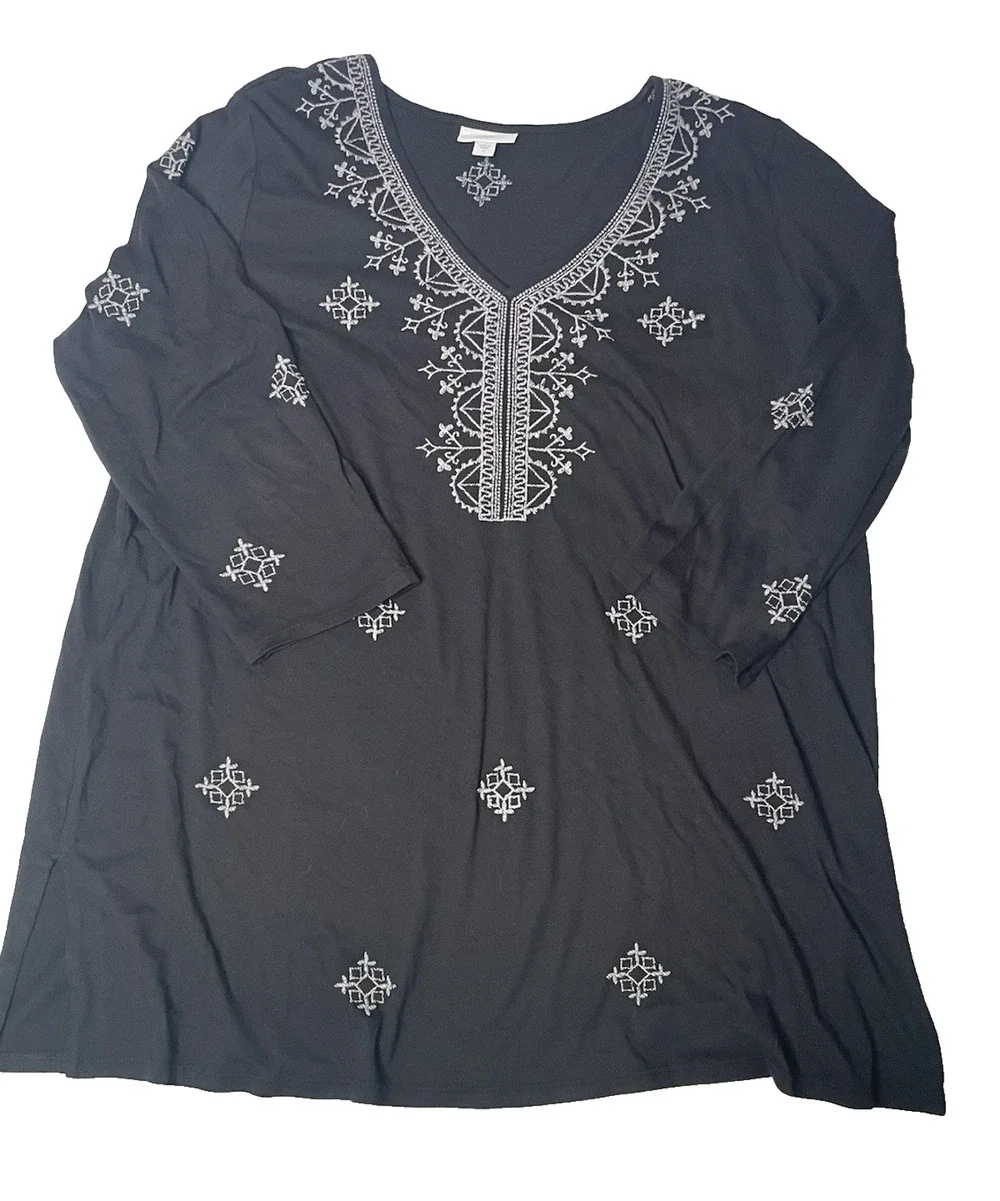 J. Jill Womens L Black Gray Embroidered Tunic Top 3/4 Sleeve Boho